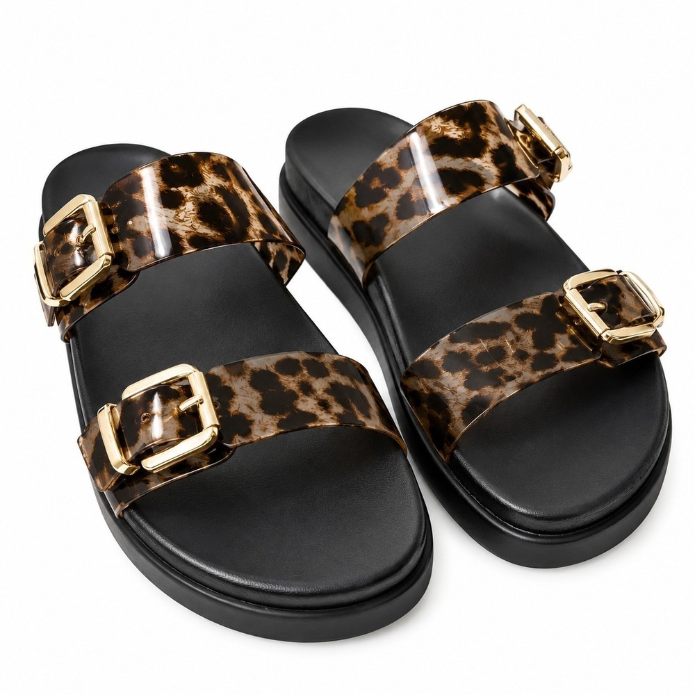 DOLCE VITA Upton Double Buckle Slide Sandal Sz 8.5 Leopard Print Goldtone Buckle